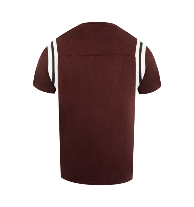 Image 2 of 2 - RED - Loewe Men's T-shirt crafted in lightweight mercerized cotton jersey with a regular fit and length, crew neck, varsity striped knit armholes, stitched "00" numbers at front and Anagram embroidery placed at the back. Main material Cotton/Viscose. Made in Portugal.