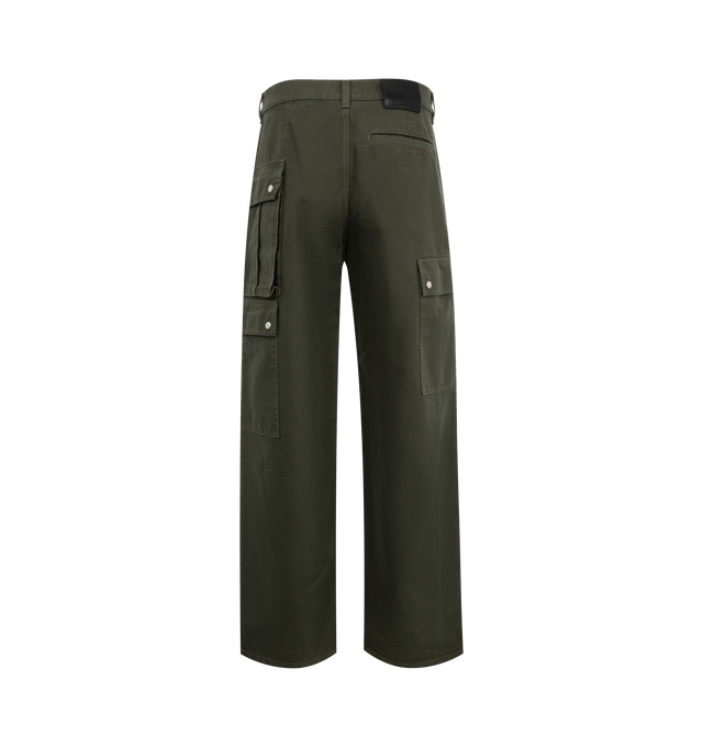 Image 2 of 3 - GREEN - Loewe men's trousers in medium-weight garment-dyed cotton twill featuring carpenter pockets at the front and buttoned cargo pockets at the rear. Relaxed fit, regular length with mid waist, straight leg, concealed button fly, rear welt pocket and LOEWE embossed leather patch placed at the back. Made in Italy.