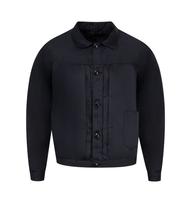 Image 1 of 2 - NAVY - KAPTAIN SUNSHINE Linen Tracker Jacket featuring short length, button front closure, collar, button cuffs and adjustable back. 100% linen. Made in Japan.