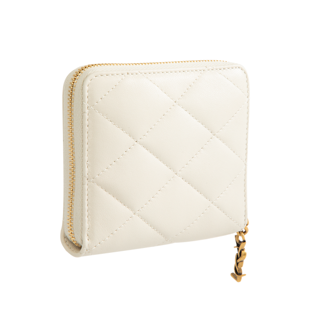 Image 2 of 3 - WHITE - SAINT LAURENT Bijou Compact Wallet featuring jewelry zip pull, diamond-quilted topstitching, gold-tone hardware, zip closure, six card slots, one bill compartment and one coin compartment. 4.1" x 3.5" x 0.8". Calfskin. Made in Italy.