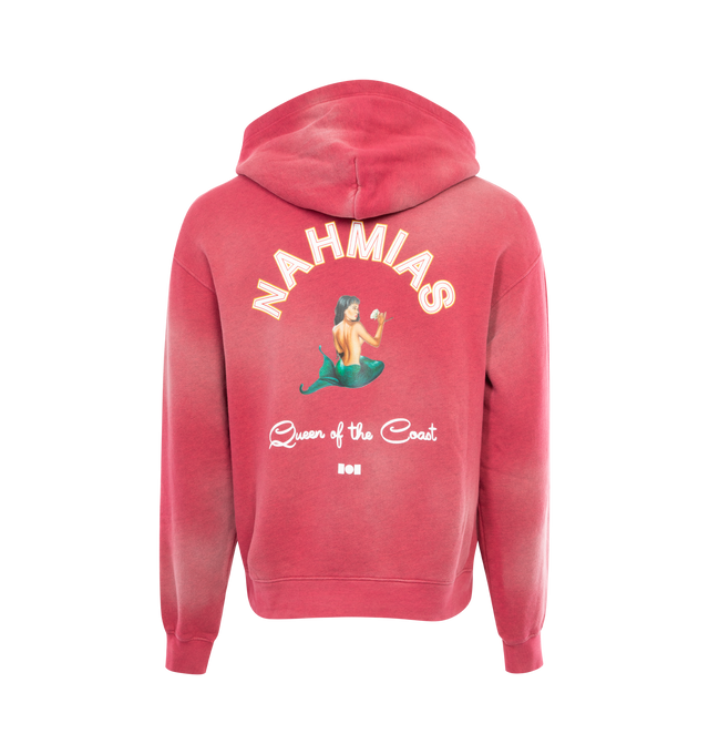 Image 2 of 2 - RED - NAHMIAS Queen of the Coast Hoodie featuring hood, dropped shoulders, logo print at front and back, pouch pocket, printed back, ribbed trims, washed finish and slips on. 100% cotton. 