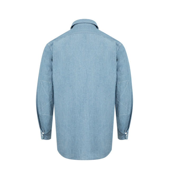 Image 2 of 2 - BLUE - ENGINEERED GARMENTS Work Shirt featuring relaxed fit, standard collar, button front closure, buttoned chest patch pockets, large side gussets for movement, barrel cuffs with button closure, reinforced elbows and curved hem. 100% cotton. Made in USA.