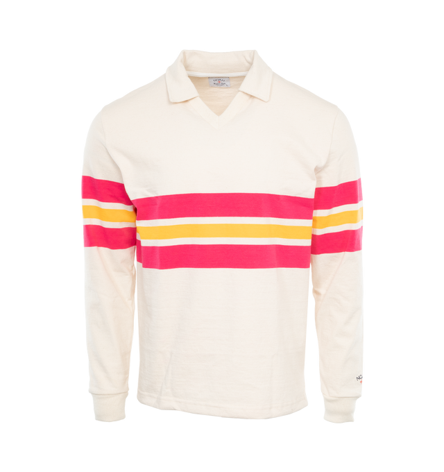 Image 1 of 3 - WHITE - NOAH Pitch Practice Top featuring engineered stripes, rib knit, v-neck, collar and rib knit cuffs. 100% cotton. Made in Canada.  