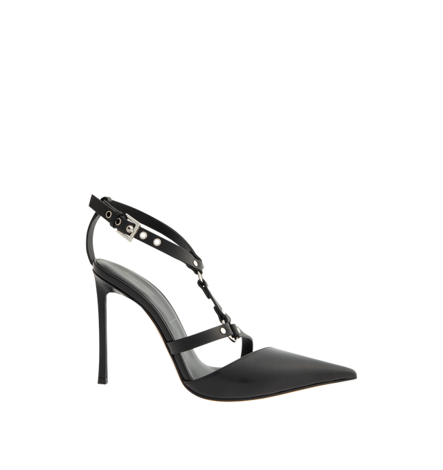 Image 1 of 4 - BLACK - TOM FORD Shiny Leather Bound Pump featuring a harness-inspired asymmetric design, silver-tone metal hardware, pointy toe, 105mm stiletto heel, adjustable ankle strap with a logo-engraved buckle and a nude leather lining and sole. 100% goatskin, straps in smooth leather 100% calfskin. Made in Italy.