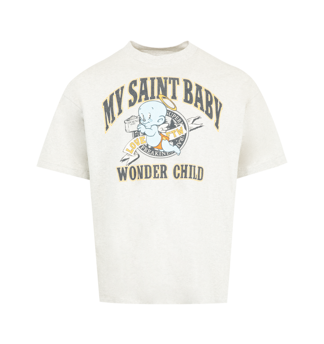 Image 1 of 2 - WHITE - SAINT MICHAEL Saint Baby Tee featuring regular fit, crewneck, dropped shoulders, short sleeves, straight hem and graphic print. 100% cotton.