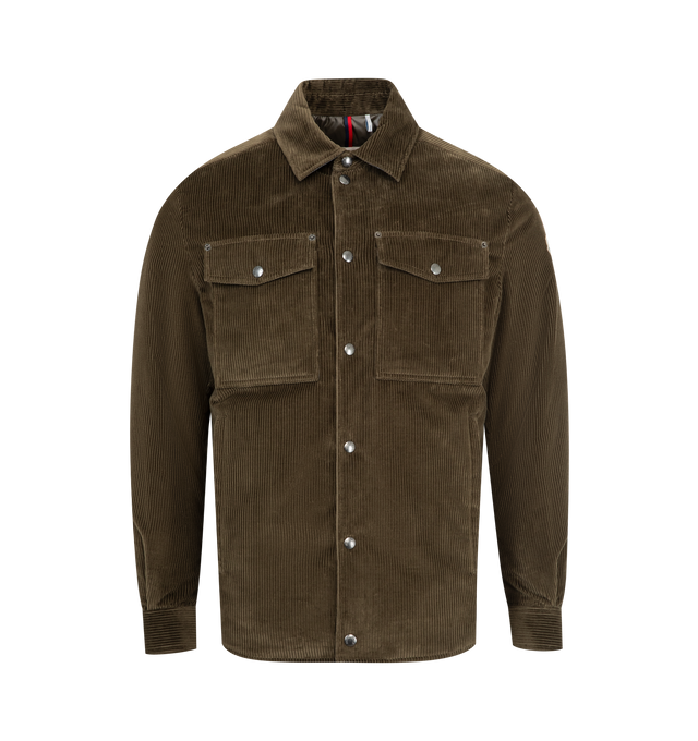 Image 1 of 3 - BROWN - MONCLER Ambroisie Corduroy Down Shirt Jacket featuring polyester lining, down-filled, collar with flannel lining, zipper and snap button closure, zipped pockets, chest pockets with snap button closure and adjustable cuffs. 100% cotton. Lining: 100% polyester. Padding: 90% down, 10% feather. Made in Romania.
