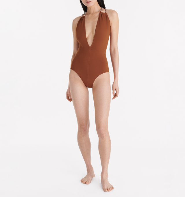 Image 3 of 6 - BROWN - ERES Pirouette Sophisticated One-Piece Swimsuit featuring large front straps detailed with a thin two-tone twisted double strap, low cut V-neckline with an open seam in the middle front and sliding straps in the front that crossover in the back. 84% Polyamid, 16% Spandex. Made in Morocco. 