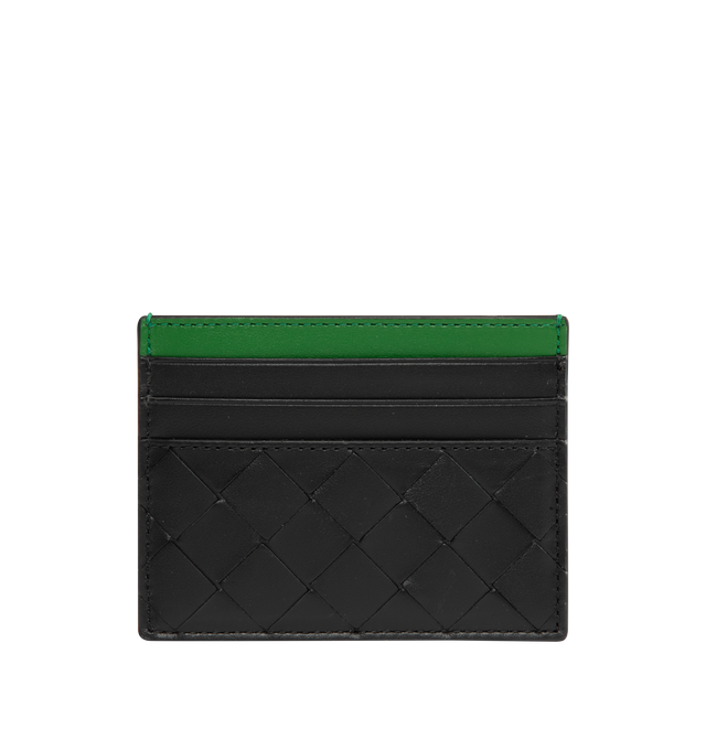 Image 1 of 3 - BLACK - Bottega Veneta Intrecciato Credit Card Case featuring intrecciato two-tone calfskin leather card case with six card slots and one central pocket. Calfskin. Made in Italy.