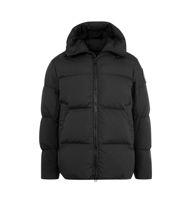 Image 1 of 3 - BLACK - CANADA GOOSE Crofton Puffer featuring an adjustable hood, a drawcord at the hem to customize the fit and lock in warmth, packable into interior left pocket, converts into a cinchable bag with a carrying strap, down-filled adjustable hood with drawcord, two-way zipper, recessed rib-knit cuffs, two fleece-lined zippered hand pockets and two interior mesh drop-in pockets. 100% recycled polyamide. Made in Canada.