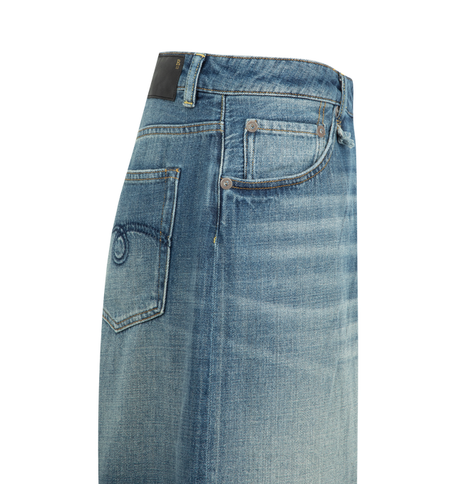 Image 3 of 3 - BLUE - R13 Nico Wrap Jeans featuring wrap silhouette at waist, snap and button closure, 5-pocket styling and wide leg. 100% cotton. Made in Italy.