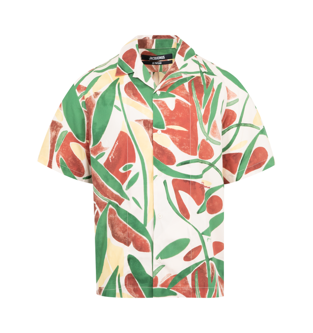 Image 1 of 2 - MULTI - JACQUEMUS Ribbed Jacquard Bowling Shirt featuring relaxed fit, textured cotton-linen, camp collar, boxy elbow-length raglan sleeves, back yoke and button front. 64% cotton, 36% linen. Made in France.