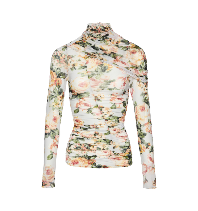 Image 1 of 2 - WHITE - MAGDA BUTRYM Ruched Cape-Effect Top in floral print featuring a fitted long-sleeve top crafted from lightweight cupro mesh with diagonal ruching across the front and sides for a sculpted silhouette, a high ruched collar, an asymmetric sheer cape overlay that drapes from the left shoulder to the right and closes with a concealed zip at the center back. 92% cupro, 8% elastane.