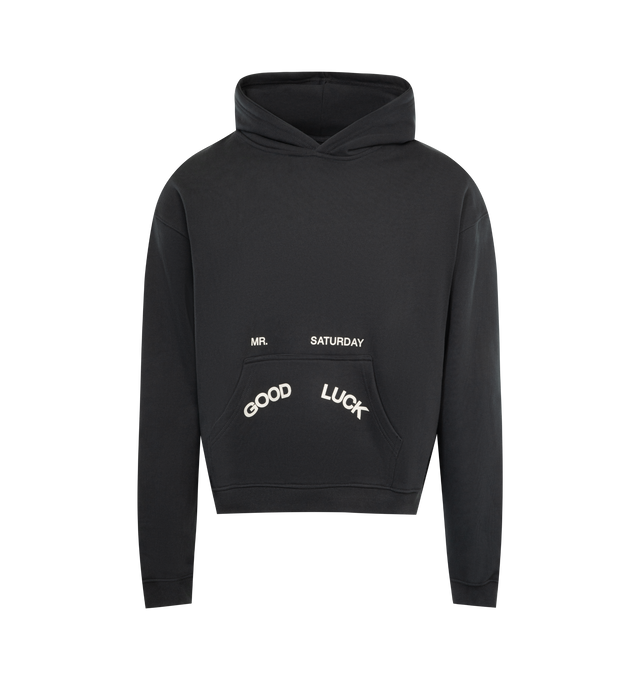 Image 1 of 3 - BLACK - MR. SATURDAY Core Hoodie featuring standard fit, kangaroo pocket, hood and screen printed graphic on front and back. 100% cotton.  