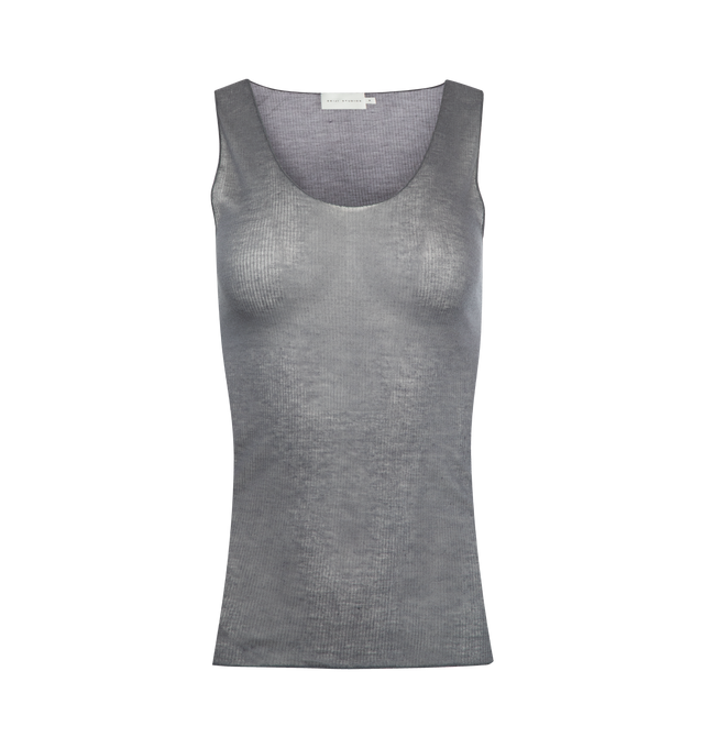 Image 1 of 2 - GREY - DEIJI STUDIOS Knit Tank featuring sheer fine knit, low curved neckline, racer style back in a form fit and an asymmetric baby lock exposed hem detail. 65% ecovero viscose, 35% recycled polyester.