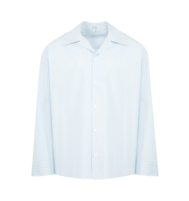 Image 1 of 2 - BLUE - LOEWE Shirt in lightweight cotton featuring a vertical stripe pattern with horizontal stripes at the cuffs, regular fit, regular length, camp collar, button front fastening, buttoned cuffs, chest patch pocket and LOEWE L embroidery placed at the front. Cotton. Made in Italy.