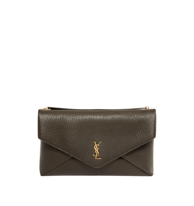 Image 1 of 3 - GREEN - SAINT LAURENT XXL Envelope Pouch on Chain featuring extra large chain pouch in supple lambskin, decorated with the CASSANDRE, a stowable cable-chain strap, leather lining, bronze-tone hardware, snap-button closure and one zip pocket. 13.8" x 8.7" x 1.21.7". Lambskin. Made in Italy.