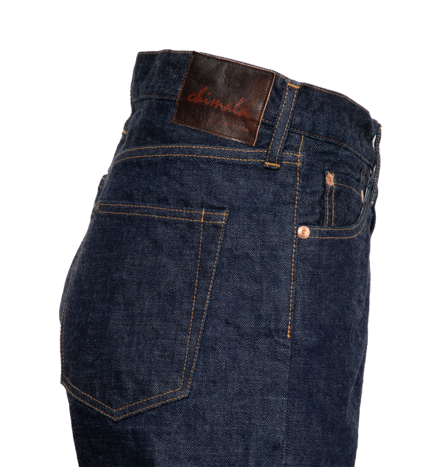 Image 3 of 3 - BLUE - Chimala Jeans crafted from 100% cotton 13.5 oz Selvedge denim featuring button-fly closure,  high rise, and wide, tapered leg. Made in Japan. 