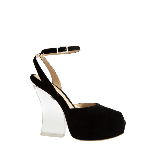Image 1 of 4 - BLACK - Fendi Women's Illusion Sandals are crafted from suede goat leather and feature an open-toe silhouette, a platform sole, and an adjustable ankle strap. Defined by a transparent-effect architectural heel designed to create a floating illusion, this elevated style combines modern design with refined craftsmanship. Main Material: 100% Suede Goat Leather. Lining: 100% Goat Leather. Heel Height: 125 mm / 4.9 in. Made in Italy.