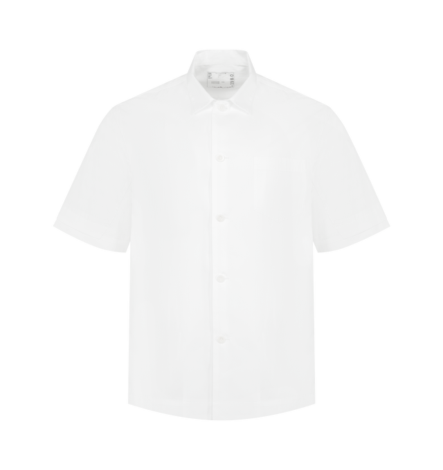 Image 1 of 3 - WHITE - SACAI Poplin Shirt featuring spread collar, short sleeves, button-front closure and paneled sides. Made in Japan.