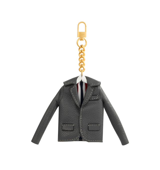 Image 1 of 2 - GREY - THOM BROWNE Classic Jacket Charm featuring soft lamb leather, classic jacket silhouette complete with notched lapels and flap pockets, loop chain with clasp fastening and RWB striped interior. L 7 x W 1 x H 7 cm. 100% lamb leather. Made in Italy.