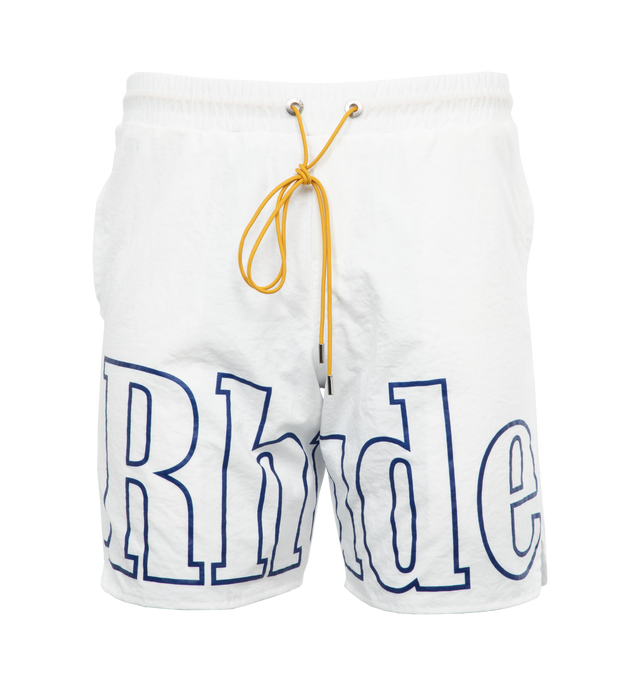 Image 1 of 4 - WHITE - RHUDE Logo Track Shorts featuring pull-on styling, elastic waistband with drawstring, printed front panel, two side pockets and one back patch pocket. 100% nylon. Made in USA. 
