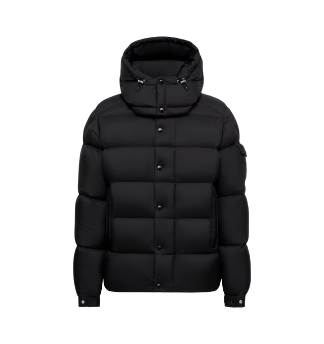 Image 1 of 1 - BLACK - Moncler Mens Moncler Maya 70 Hooded Down Jacket is crafted from recycled longue saison. Features a down-filled construction, detachable and adjustable drawstring hood, zip-front and snap-button closure, zipped pockets, signature sleeve patch pocket, adjustable cuffs, drawstring hem, and logo patch. Exterior: 100% Polyamide/Nylon; Lining: 100% Polyamide/Nylon; Hood Lining: 100% Polyamide/Nylon; Padding: 90% Down, 10% Feather. Made in Armenia.