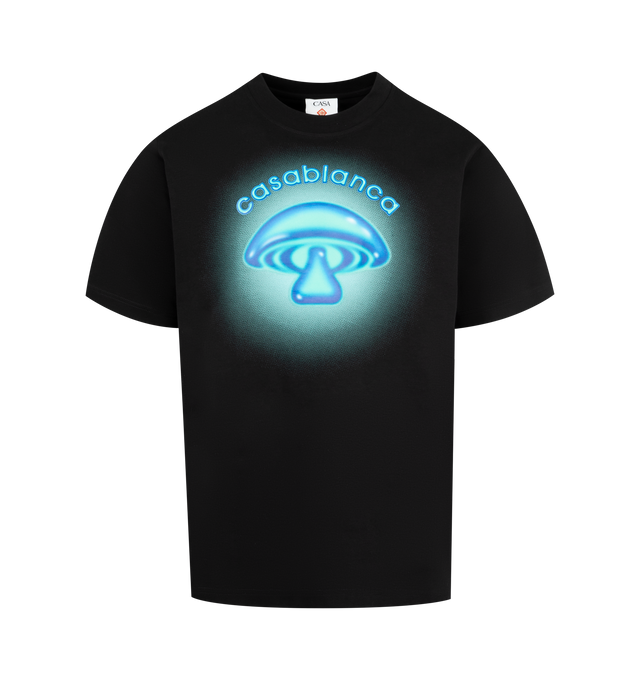Image 1 of 2 - BLACK - CASABLANCA Airbrush Mushroom Logo T-Shirt featuring short-sleeves, printed design, classic crew neck and relaxed fit. 100% organic cotton. Made in Portugal.