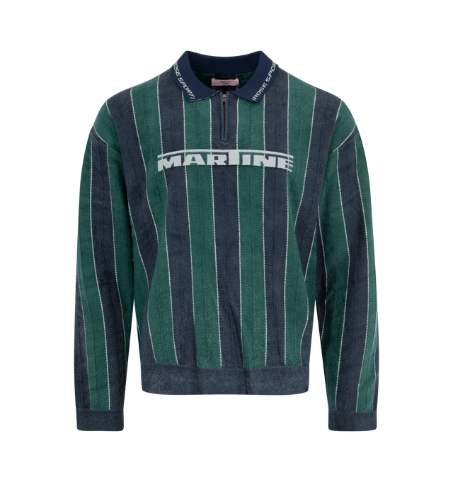 Image 1 of 2 - GREEN - MARTINE ROSE Sporty Logo Polo featuring regular fit, quarter-zip closure, spread collar, stripes throughout, logo on front and long sleeves. 65% viscose, 35% nylon. Made in Portugal.