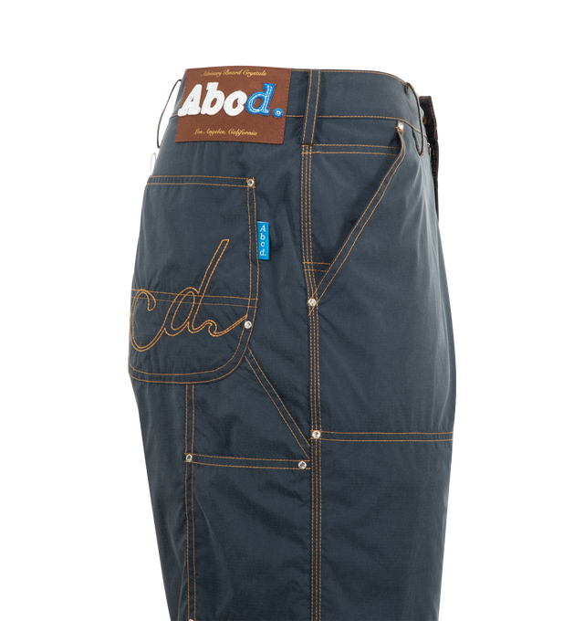 Image 3 of 3 - BLUE - ADVISORY BOARD CRYSTALS Hyperlightweight Nylon Ripstop Jort featuring nylon construction, zip-fly closure, four pockets, contrast stitching, double-thigh, embroidered branding, pulltab and leather patch. Nylon.
