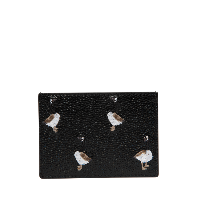 Image 2 of 5 - BLACK - THOM BROWNE Single Card Holder Goose featuring geese on one side, 2 card slots, 1 note compartment, tricolor stripe lining, gold foil logo and signature striped grosgrain loop tab 100% calf leather. Lining: 100% polyester. Made in Italy.