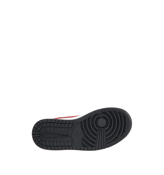 Image 3 of 4 - WHITE - AIR JORDAN 1 Mid Women's Sneakers are red, black and white sneakers made from a premium leather and synthetic upper which provides durability, comfort and support. These sneakers have an air-sole unit in the heel that delivers signature cushioning as well as has a rubber outsole that offers traction on a variety of surfaces.