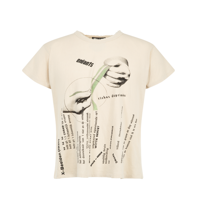 Image 1 of 2 - CREAM - Enfants Riches Dprims Space Needs (Of Adolescence) T-Shirt is crafted from vintage mid-weight cotton jersey and features a tailored-fit silhouette, a bound rib-knit crew neckline, and single-stitch hems at the cuffs and waist. Designed with printed artwork at the front and back, this signature style is finished with a vintage wash treatment and distressing throughout for a worn-in appearance. Main Material: Cotton Jersey. Made in the USA.