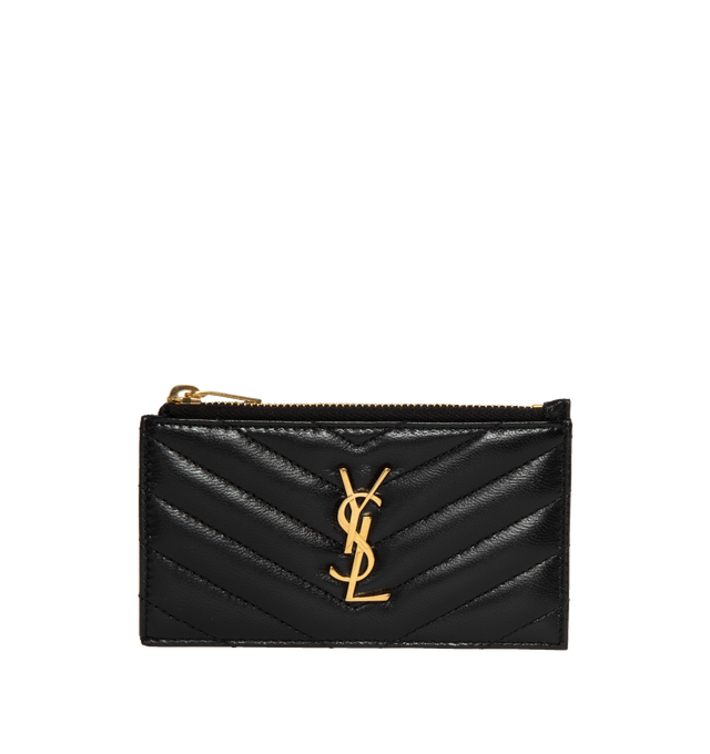 Image 1 of 3 - BLACK - SAINT LAURENT Zipped Fragments Credit Card Case featuring overstitching on the front and card slots on the back, zip closure, five card slots and one zip pocket. 5.1" X 3.1" X 0.7". 100% lambskin. Made in Italy.  