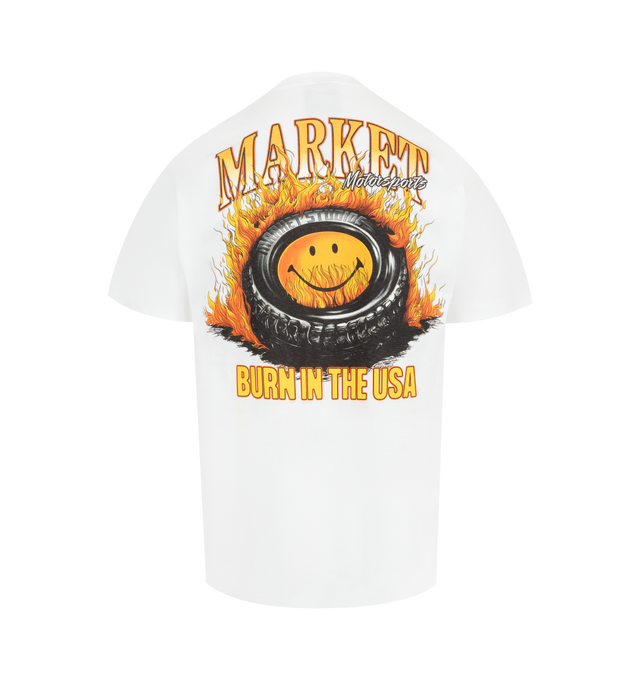 Image 2 of 2 - WHITE - MARKET Smiley Burnt Rubber T-Shirt featuring crewneck, short sleeves, straight hem and graphic on front and back. 100% cotton.