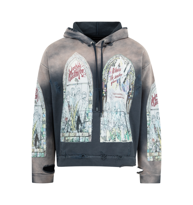 Image 1 of 2 - GREY - WHO DECIDES WAR Motley Hooded Pullover featuring original artwork applied by screen print, hood with drawstring and a boxy and slightly cropped fit. 100% cotton.