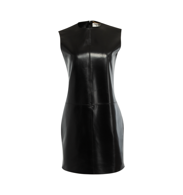 Image 1 of 2 - BLACK - SAINT LAURENT Leather Shift Mini Dress featuring round neckline, sleeveless, shift silhouette, mini length and back zip. 100% leather. Made in Italy. 