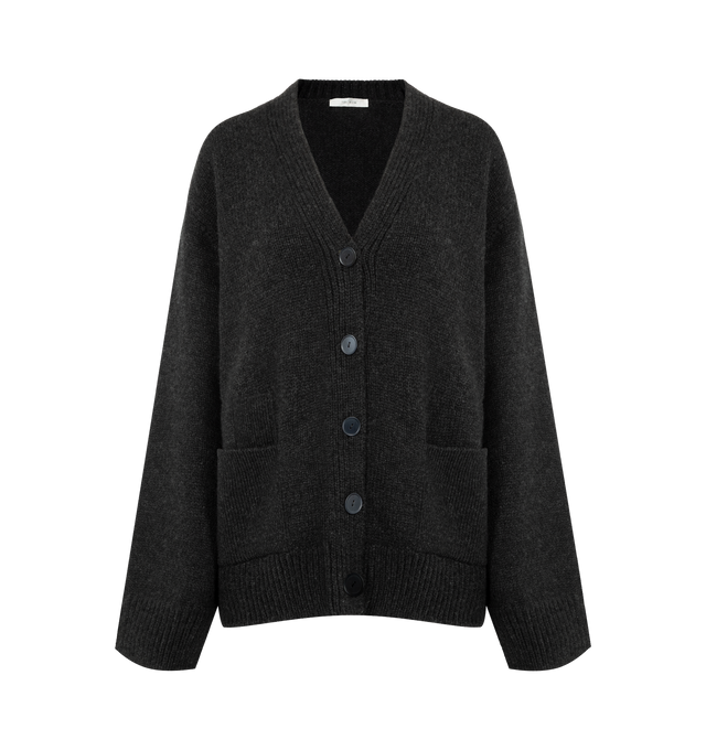 Image 1 of 2 - GREY - THE ROW Milou Cardigan featuring boxy v-neck cardigan in soft midweight cashmere with three front pockets, ribbed neckline, cuffs, and hem, and front button closure. 100% cashmere. Made in Italy.