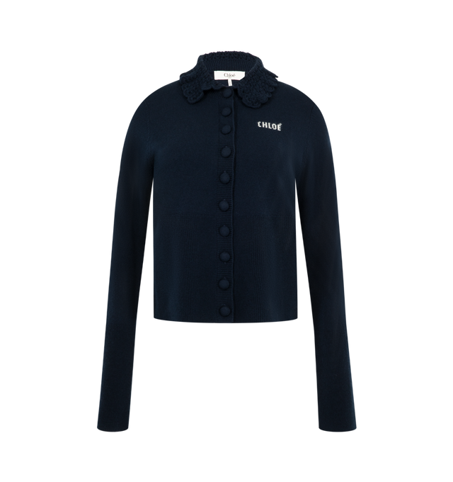 Image 1 of 2 - BLUE - Chlo Womens Fitted Cardigan is crafted from multistitch wool knit. Features a fitted silhouette, guipure collar, fabric-covered button-front closure, long sleeves, and contrast Chlo logo at the chest. Main Material: 100% Wool. Made in China.