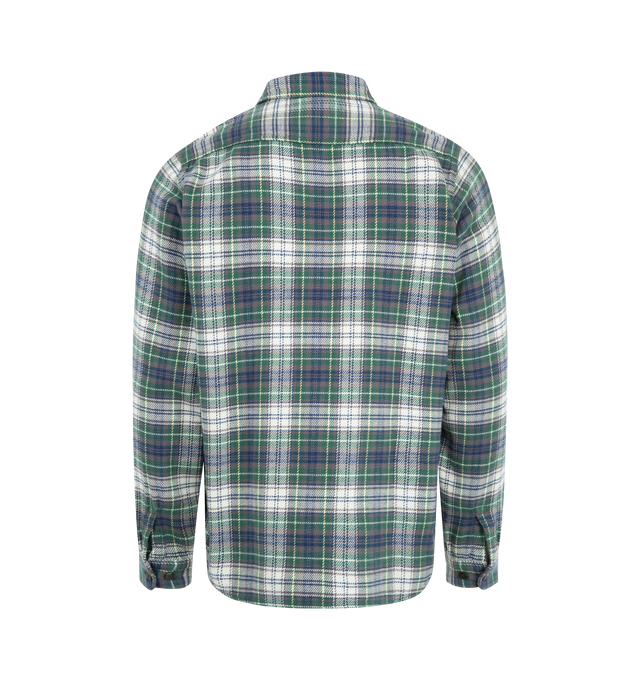 Image 2 of 2 - GREEN - VISVIM Larrikan Check Shirt featuring flannel long sleeve shirt, woven long staple cotton construction, one wash, pointed collar, button-up front closure and chest pockets with button closure. 100% cotton. Made in Japan.