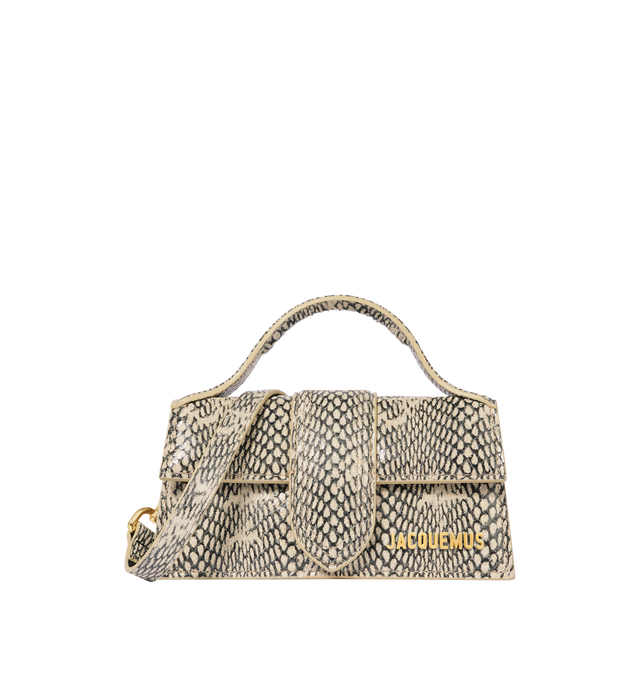 Image 1 of 4 - NEUTRAL - JACQUEMUS Bambino Bag featuring crossbody flap bag, structured, cobra-embossed leather, reinforced handle, magnetic flap, removable, adjustable shoulder strap, engraved lobster clip, card slot patch pocket on back, topstitching, gold metal logo and metalwork, fully lined and dyed edges. 13cm x 23.5cm. 100% goat leather. Lining: 100% cotton. Made in Italy.