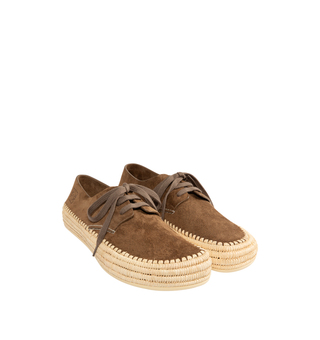 Image 2 of 5 - BROWN - LOEWE Rio Lace-Up Shoe featuring lace-up in suede with a natural raffia sole and a signature petal toe shape, 5mm heel, anagram embossed on the upper, extra-padded insole, Anagram-embossed rubber outsole and suede bonding. Suede/Raffia. Made in Spain.