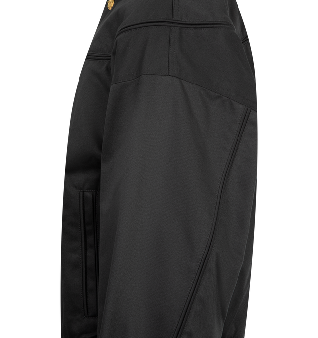 Image 3 of 4 - BLACK - WILLY CHAVARRIA Gas Station Oversized Cotton Blend Bomber Jacket featuring concealed zip fastening at front, flat collar, long sleeves, two welt pockets at front, all-over binding detailing, branded hardware, ribbed trims and all-over internal padding. 65% polyester, 35% cotton. Lining 100% viscose. Made in Italy.