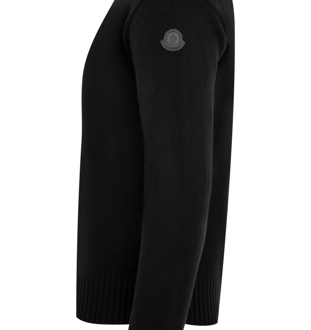 Image 3 of 3 - BLACK - MONCLER Wool & Cashmere Sweater featuring a wool and cashmere blend, crew neck, stockinette stitch, gauge 5 and leather logo patch. 90% virgin wool, 10% cashmere.