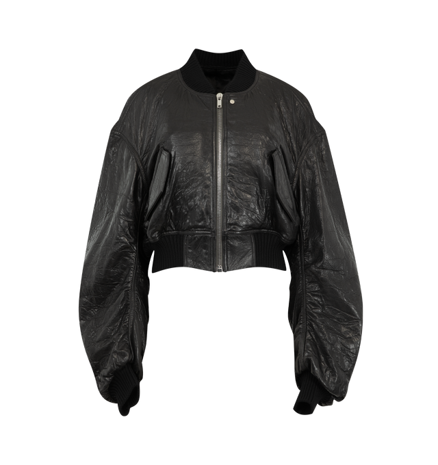 Image 1 of 3 - BLACK - Rick Owens Womens Secchia Flight Jacket is crafted from a textured leather material. Features an oversized fit, gathered long sleeves, ribbed collar, cuffs and hem, front zip closure, flap snap side pockets, two internal zip pockets, and full lining. Main Main Material: 100% Leather. Made in Italy.