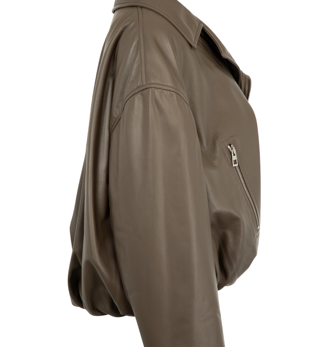 Image 3 of 3 - GREEN - LOEWE Biker Jacket in lightweight nappa lambskin featuring a balloon silhouette with a padded construction, regular fit, short length, zipped front fastening, cuffs and pockets, buckle belt at the hem, fully lined and anagram embossed leather patch placed at the back. Nappa. Made in Italy. This item may be restricted for online purchase to international clients. For assistance purchasing this item please contact our dedicated stylist team at personalshopping@hirshleifers.com.