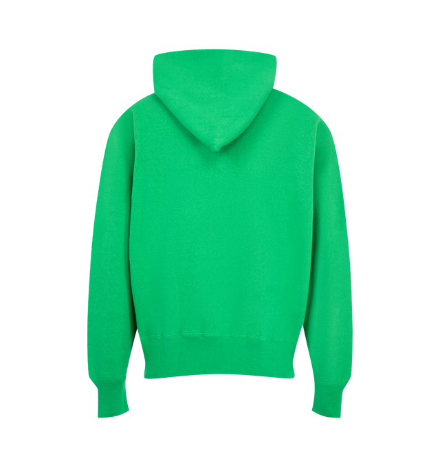 Image 2 of 2 - GREEN - Human Made Unisex Tsuriami Hoodie is crafted from softly knitted loopback cotton using a traditional hanging-knit construction and features the brands signature animal graphic at the front rendered with a dyed-in print technique. A vibrant garment-dyed body, extended rib-knit cuffs and hem, and the signature heart patch at the left cuff complete the design. Main Material: 100% Cotton. Made in Japan.