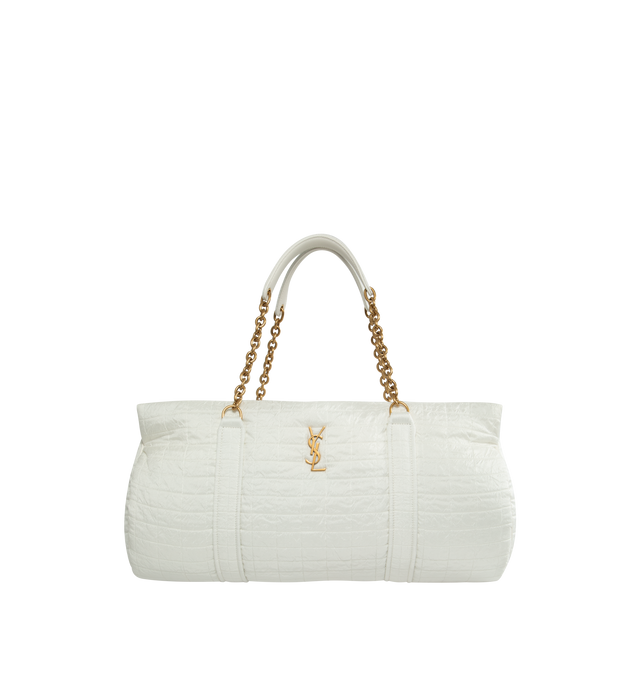 Image 1 of 3 - WHITE - SAINT LAURENT Gloria Travel Bag featuring a concealed top zip closure, reinforced nylon and chain shoulder straps, canvas lining and one flat pocket. 18.1" X 7.1" X 7.5". Virgin wool, polyamide, silk, brass. Made in Italy.   