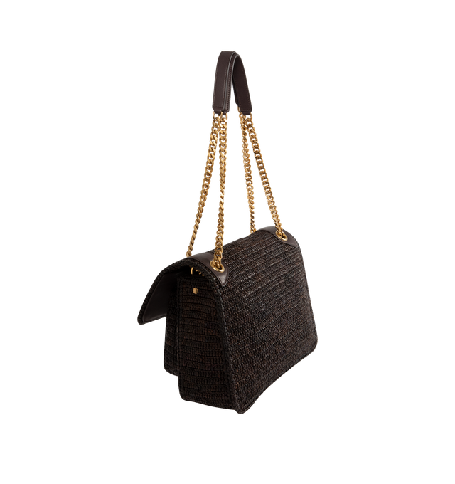Image 2 of 4 - BROWN - SAINT LAURENT Niki Medium Raffia Bag featuring multiple pockets, sliding leather-and-chain shoulder strap, bronze-tone hardware, magnetic snap closure, one open pocket, one zip pocket and one pocket under flap. 11" x 7.8" x 3.3". Raffia/calfskin. Made in Madagascar.