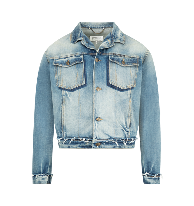 Image 1 of 3 - BLUE - MAISON MARGIELA Denim Caban Jacket featuring creases, shading, and softened edges, utilitarian silhouette, patch pockets, button fastening, signature four stitches on the back, gauge 14 oz origin denim, frayed hem detail, long sleeves and shirt collar 100% cotton. Made in Italy.