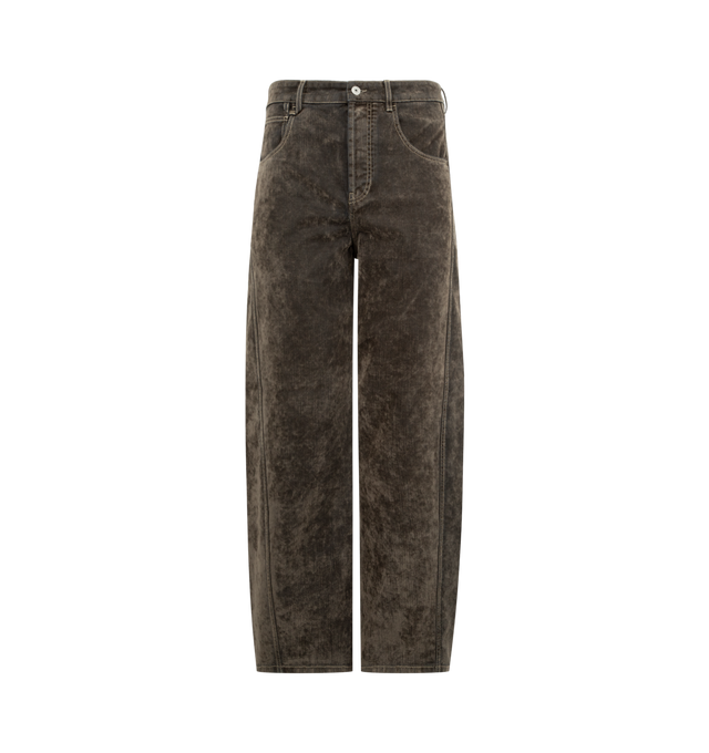 Image 1 of 3 - GREEN - JACQUEMUS The Mirada de-Nmes Jeans featuring flocked non-stretch denim jeans, fading throughout, loose-fit, mid-rise, belt loops, five-pocket styling, button fly and contrast stitching. 100% cotton. Made in Italy.